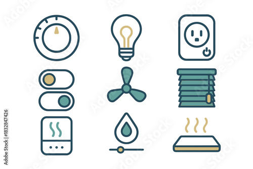 Smart home control icons: lighting, fan, thermostat, blinds, humidity, power