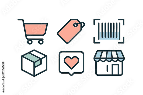 Shopping cart and retail icons: barcode, price tag, store, heart, package