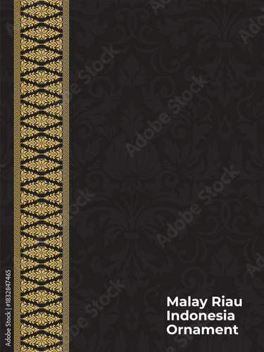 Riau Malay motif design in black with a gold ornamental pattern on the left. The style looks elegant, classic, and ethnic. Ideal for book covers, invitations, and banners