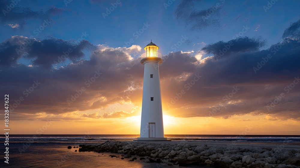 Naklejka premium Beautiful and Serene Lighthouse at Sunset with Dramatic Clouds and Reflections on the Calm Ocean, Capturing a Peaceful Coastal Landscape Scene