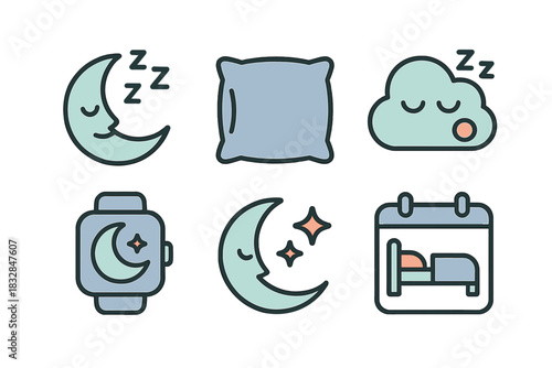 Sleep icons collection: moon, pillow, cloud, watch, calendar