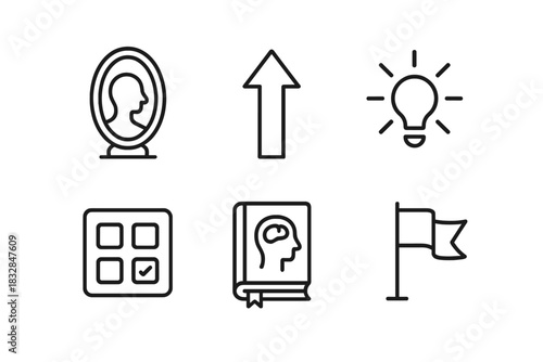 Minimalist icons of creativity and productivity on dark gray background