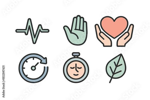 Wellness icons: heart, hand, stopwatch, leaf, pulse, speedometer in pastel tones