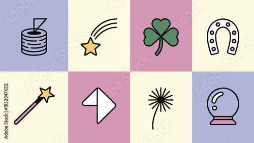A collection of charming and whimsical icons representing luck magic and good fortune presented in a colorful grid pattern with a playful modern aesthetic