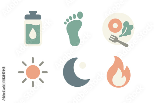 Hydration, nutrition, exercise, day-night cycle, and balance icons in soft focus