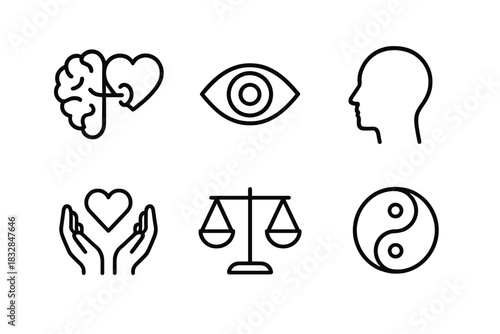 Symbols of mind, balance, and harmony: brain, heart, eye, head, scales, yin yang