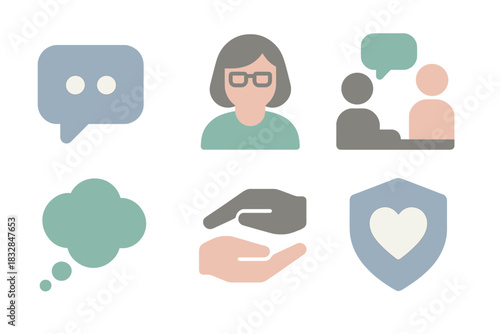 Communication and care icons: chat, people, thoughts, support, protection