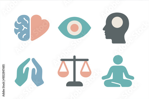 Mindfulness and balance icons - brain heart eye meditation scales