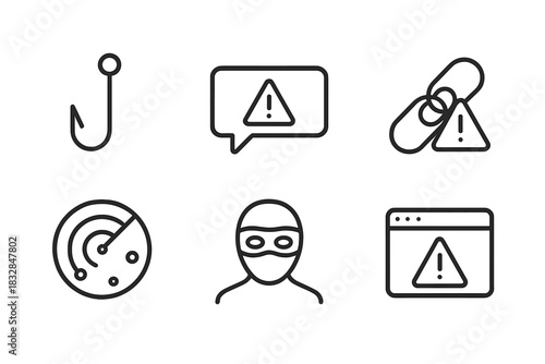 Cybersecurity icons: phishing, alert, hacker, browser, radar, warning symbols