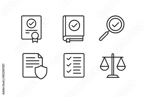 Certification, research, and legal document icon set on gray background