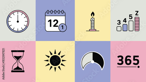 A collection of simple flat icons representing time including a clock calendar candle hourglass sun sleep cycle and the number 365