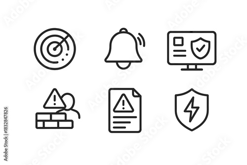 Cybersecurity icons set: radar, alert, shield, firewall, document, computer
