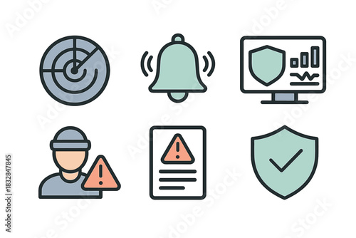 Security alert system icons featuring radar, bell, and shield symbols