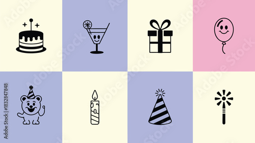 A cheerful collection of birthday celebration icons including a cake cocktail gift balloon teddy bear candle party hat and sparkler set against a pastel grid background