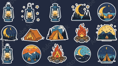 Camping adventure stickers collection with lanterns tents and campfires.