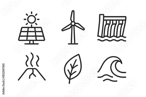 Renewable energy icons: solar, wind, hydroelectric, geothermal, biomass, wave symbols