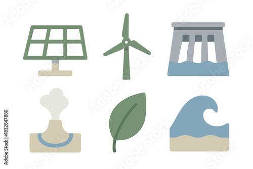 Icons of renewable energy sources: solar, wind, nuclear, hydro, biomass, wave