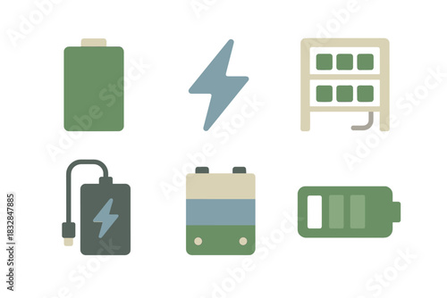 Abstract glowing energy icons – battery, charger, power, electric symbols