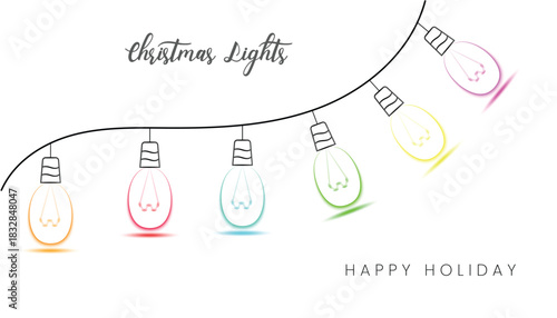 Vector Illustration of glowing string lights. Christmas fairy lights. Hand drawn Christmas lights garland on a transparent background.