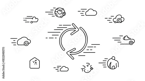 Circular arrows symbolize a continuous cycle of movement and transformation surrounded by icons representing clouds a car a house a person and a celestial body