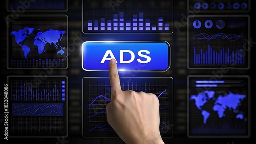Digital marketing interface with hand pressing 'ads' button