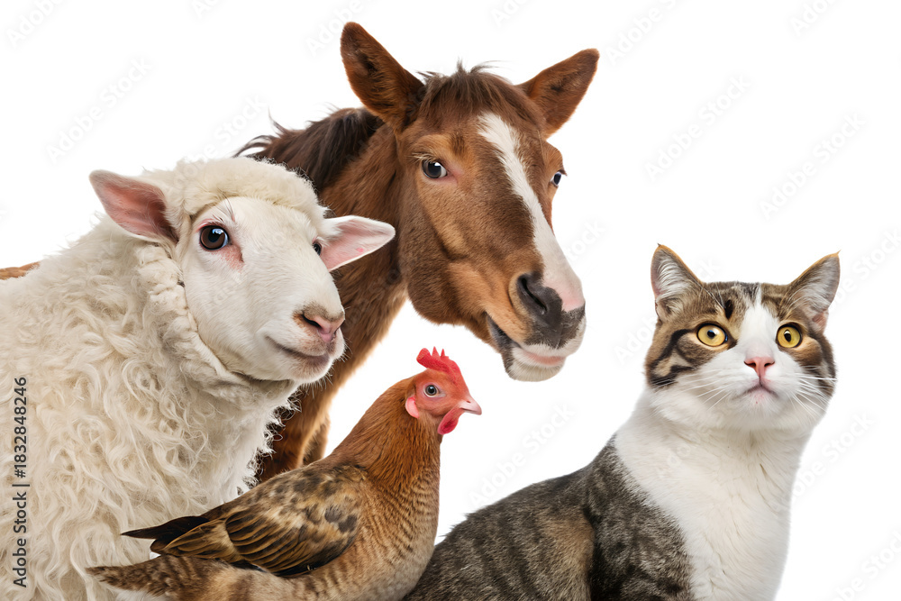 Obraz premium A humorous and charming group portrait of a sheep, a horse, a chicken, and two cats, all gathered closely together and looking directly at the camera. Isolated on a clean white background, this funny 