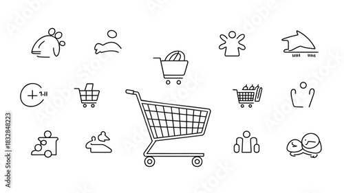 Collection of simple line art icons representing shopping carts people and abstract shapes on a white background perfect for e commerce and retail concepts