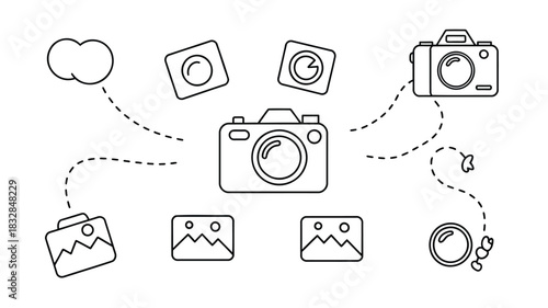 Conceptual illustration of photography and image sharing with cameras photos and cloud icons connected by dashed lines representing data transfer and creativity