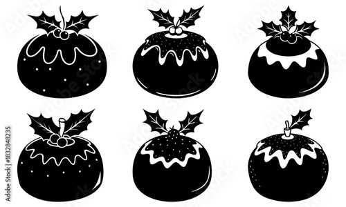 Festive Christmas pudding icons bring holiday cheer to your designs, perfect for seasonal cards, invitations, and winter promotions, originally a vector