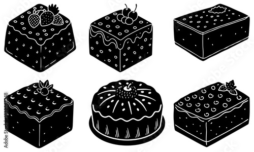 Delicious dessert cakes selection, perfect for bakery menus and sweet treats designs, offering variety and delight for all occasions, originally vector based