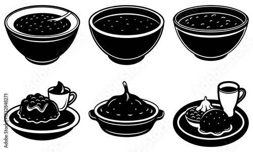 Delicious bowls and plates of food featuring beans, grits, and pudding for a tasty culinary experience, perfect for menus and food blogs