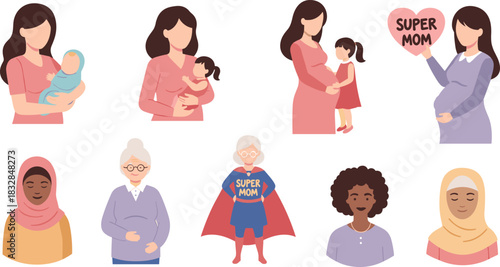 Diverse mothers and women celebrating motherhood and strength