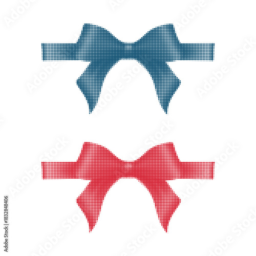 Set of two decorative dotted bows in blue and red colors, isolated on white background. Stylized ribbon bow illustration for celebration, gift wrapping, greeting design and festive decoration.