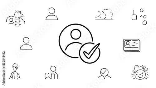 Collection of user profile icons and symbols representing identity verification approval and human resources concepts in a clean outline style on a white background