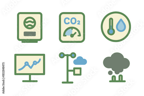 Environmental monitoring icons: air quality, co2, temperature, analytics, weather