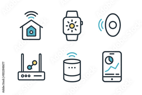 Smart home technology icons featuring devices like router and smartwatch