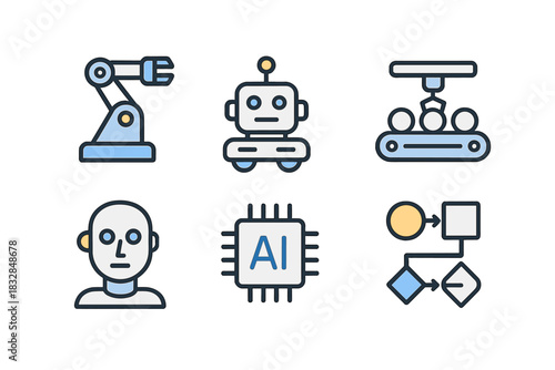 Artificial intelligence icons: robotics, automation, ai, machine learning, flowchart symbols