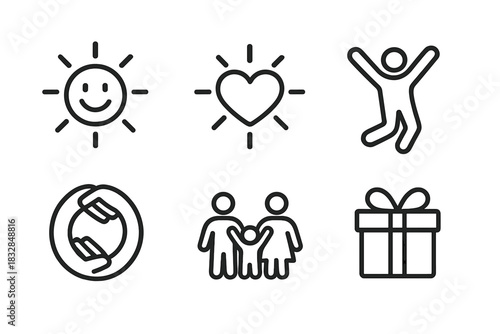 Simple icon set featuring sun, heart, joyful figure, unity, family, and gift symbols