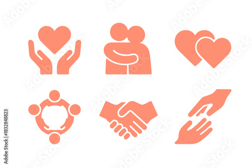 Glowing heart and hands icons symbolizing love, care, and community