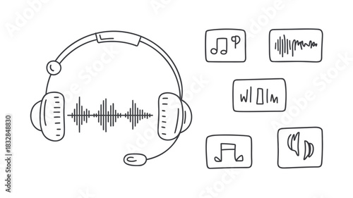 Hand drawn illustration of headphones with a sound wave and music notes representing audio and sound concepts in a simple doodle style