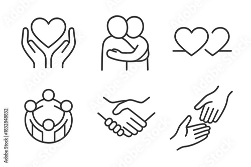 Icons depicting love, unity, and support in minimalist style