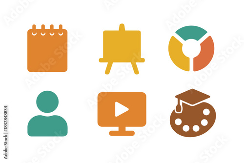 Glowing neon icons: calendar, easel, pie chart, user, video, graduation hat