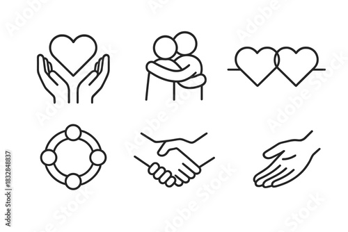 Minimalist icon set depicting love, support, friendship, and unity