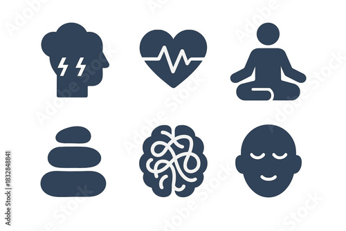 Mental health and wellness icons: brainstorm, heartbeat, meditation, harmony, clarity
