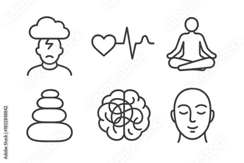 Mindfulness symbols: meditation, relaxation, stress relief, heartbeat, brain, calmness