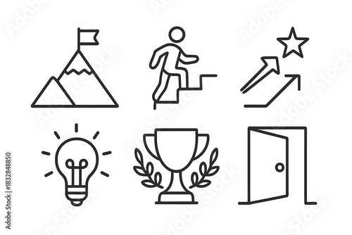 Success and achievement icons: mountain, steps, star, trophy, lightbulb, door