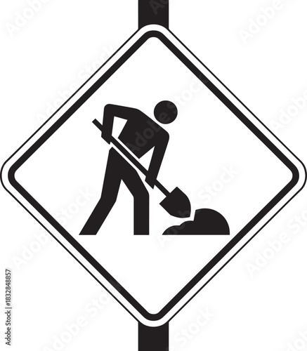 Road work ahead sign illustration of a construction worker digging isolated on white background