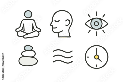 Mindfulness symbols: meditation, relaxation, awareness, balance, calmness, time