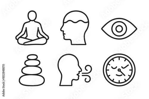 Mindfulness and meditation icons set for relaxation and focus