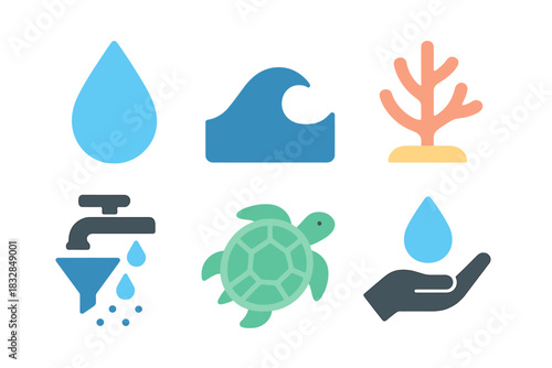 Glowing water conservation icons: drop, wave, coral, faucet, turtle, hand